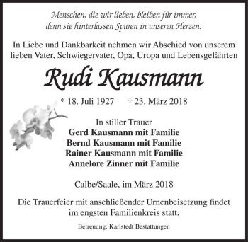 Traueranzeige von Rudi Kausmann  von Magdeburger Volksstimme