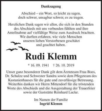 Traueranzeige von Rudi Klemm  von Magdeburger Volksstimme