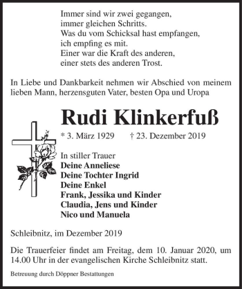 Traueranzeige von Rudi Klinkerfuß  von Magdeburger Volksstimme