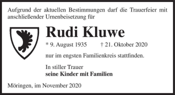 Traueranzeige von Rudi Kluwe  von Magdeburger Volksstimme