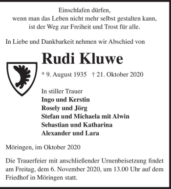 Traueranzeige von Rudi Kluwe  von Magdeburger Volksstimme