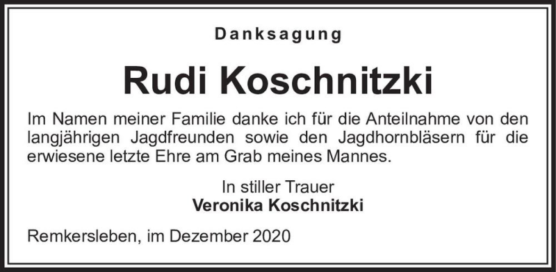  Traueranzeige für Rudi Koschnitzki  vom 24.12.2020 aus Magdeburger Volksstimme