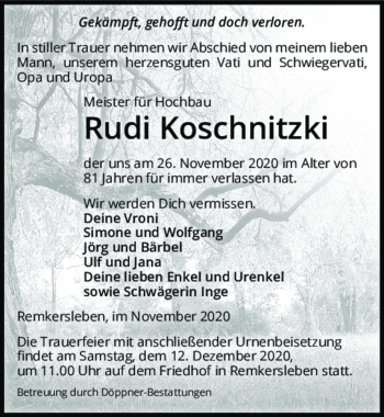 Traueranzeige von Rudi Koschnitzki  von Magdeburger Volksstimme