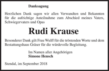 Traueranzeige von Rudi Krause  von Magdeburger Volksstimme