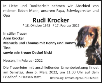 Traueranzeige von Rudi Krocker  von Magdeburger Volksstimme
