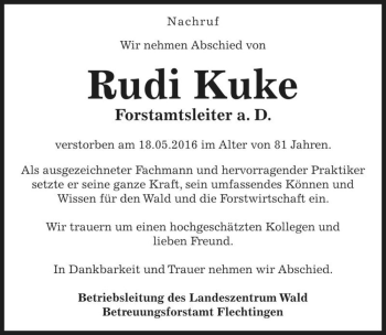 Traueranzeige von Rudi Kuke  von Magdeburger Volksstimme