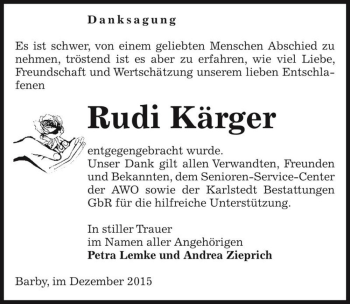 Traueranzeige von Rudi Kärger  von Magdeburger Volksstimme