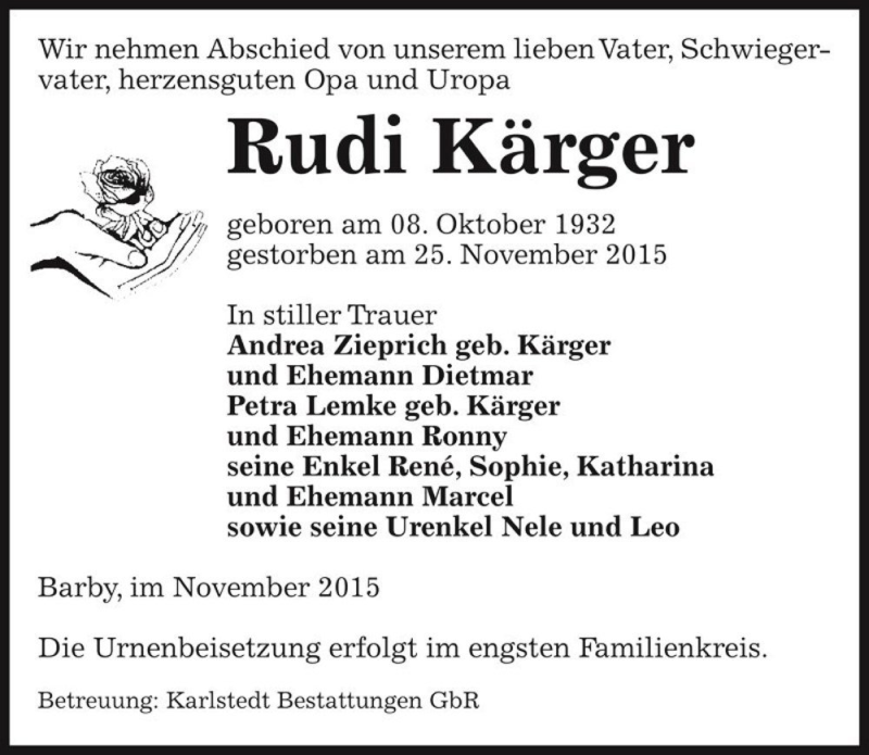  Traueranzeige für Rudi Kärger  vom 28.11.2015 aus Magdeburger Volksstimme