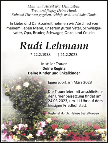 Traueranzeige von Rudi Lehmann  von Magdeburger Volksstimme