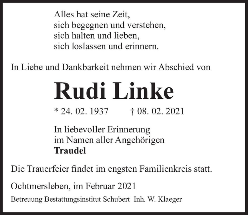  Traueranzeige für Rudi Linke  vom 20.02.2021 aus Magdeburger Volksstimme