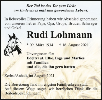 Traueranzeige von Rudi Lohmann  von Magdeburger Volksstimme
