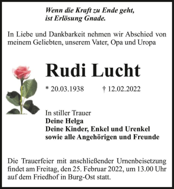 Traueranzeige von Rudi Lucht  von Magdeburger Volksstimme