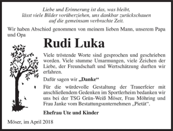 Traueranzeige von Rudi Luka  von Magdeburger Volksstimme