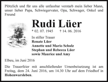 Traueranzeige von Rudi Lüer  von Magdeburger Volksstimme