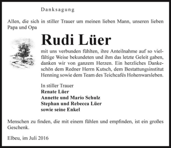 Traueranzeige von Rudi Lüer  von Magdeburger Volksstimme