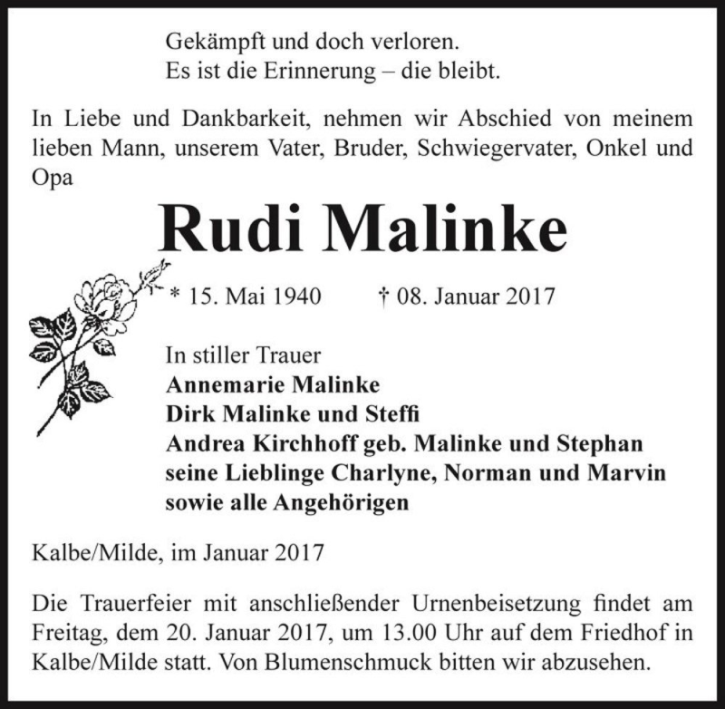 Traueranzeige für Rudi Malinke  vom 10.01.2017 aus Magdeburger Volksstimme