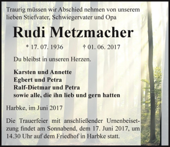 Traueranzeige von Rudi Metzmacher  von Magdeburger Volksstimme
