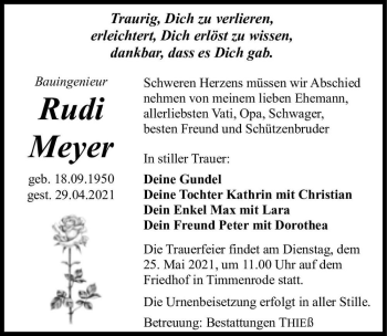 Traueranzeige von Rudi Meyer  von Magdeburger Volksstimme