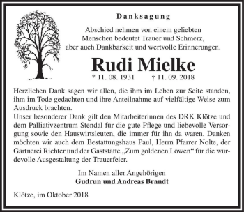 Traueranzeige von Rudi Mielke  von Magdeburger Volksstimme