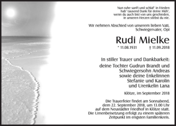 Traueranzeige von Rudi Mielke  von Magdeburger Volksstimme