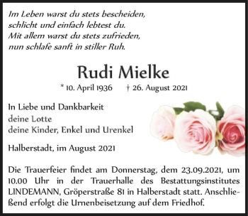 Traueranzeige von Rudi Mielke  von Magdeburger Volksstimme