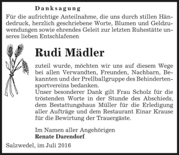 Traueranzeige von Rudi Mädler  von Magdeburger Volksstimme