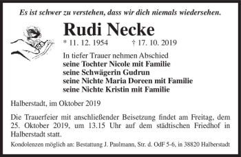 Traueranzeige von Rudi Necke  von Magdeburger Volksstimme