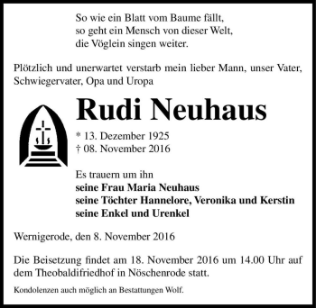 Traueranzeige von Rudi Neuhaus  von Magdeburger Volksstimme