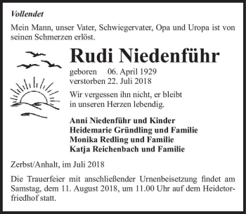 Traueranzeige von Rudi Niedenführ  von Magdeburger Volksstimme