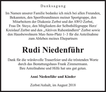 Traueranzeige von Rudi Niedenführ  von Magdeburger Volksstimme