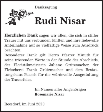 Traueranzeige von Rudi Nisar  von Magdeburger Volksstimme