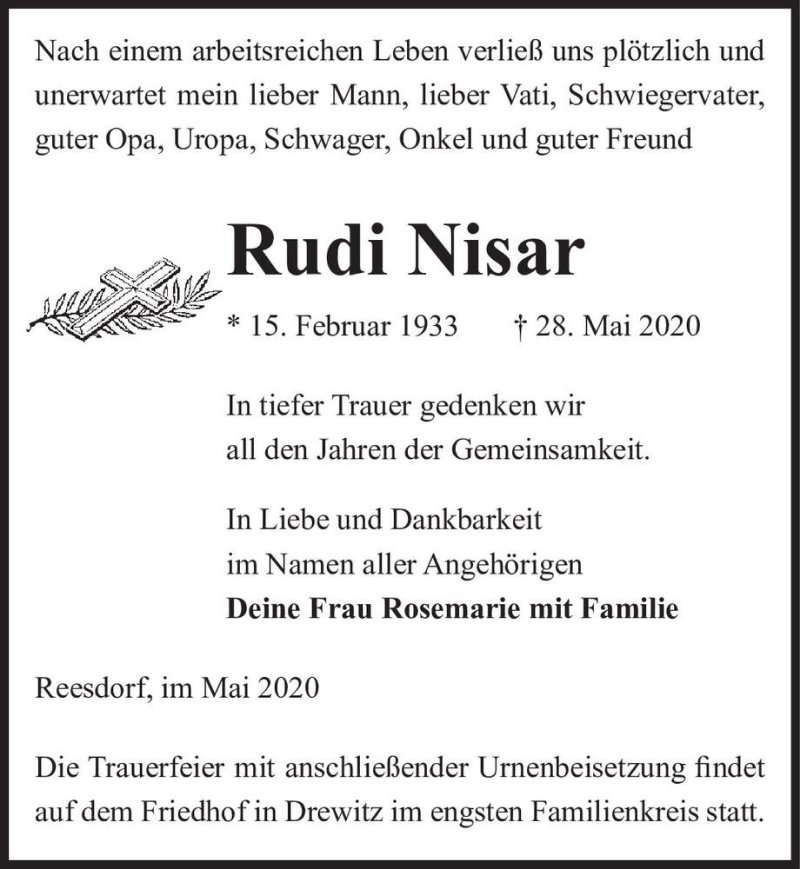  Traueranzeige für Rudi Nisar  vom 06.06.2020 aus Magdeburger Volksstimme