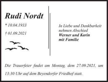 Traueranzeige von Rudi Nordt  von Magdeburger Volksstimme