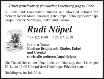 Traueranzeige von Rudi Nöpel  von Magdeburger Volksstimme