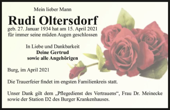 Traueranzeige von Rudi Oltersdorf  von Magdeburger Volksstimme