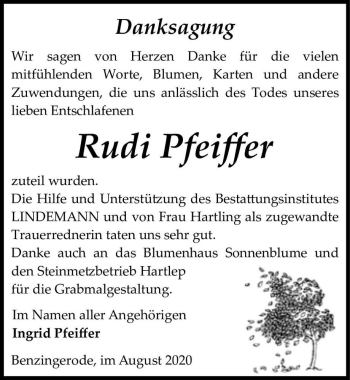 Traueranzeige von Rudi Pfeiffer  von Magdeburger Volksstimme