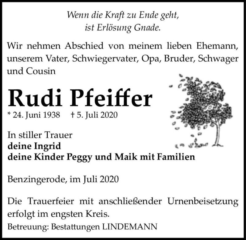  Traueranzeige für Rudi Pfeiffer  vom 11.07.2020 aus Magdeburger Volksstimme