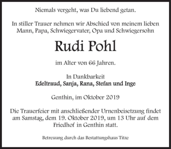 Traueranzeige von Rudi Pohl  von Magdeburger Volksstimme