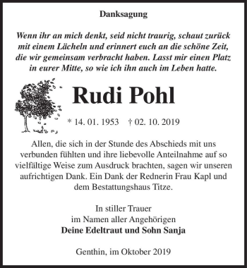 Traueranzeige von Rudi Pohl  von Magdeburger Volksstimme