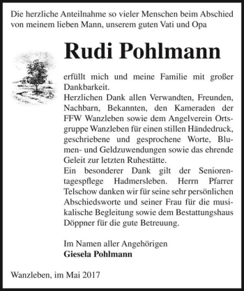 Traueranzeige von Rudi Pohlmann  von Magdeburger Volksstimme