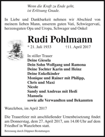 Traueranzeige von Rudi Pohlmann  von Magdeburger Volksstimme