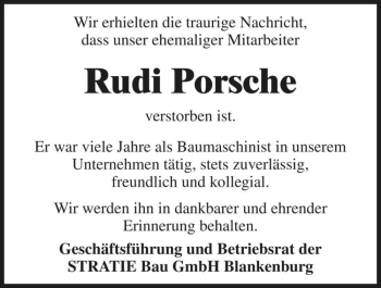 Traueranzeige von Rudi Porsche  von Magdeburger Volksstimme