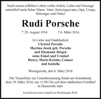 Traueranzeige von Rudi Porsche  von Magdeburger Volksstimme