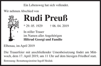 Traueranzeige von Rudi Preuß  von Magdeburger Volksstimme