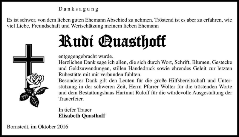  Traueranzeige für Rudi Quasthoff  vom 05.11.2016 aus Magdeburger Volksstimme