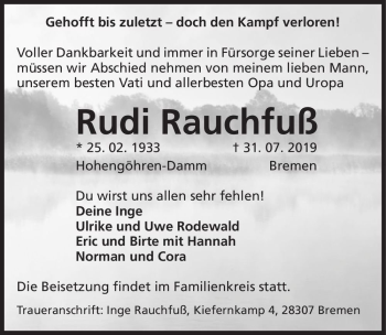 Traueranzeige von Rudi Rauchfuß  von Magdeburger Volksstimme