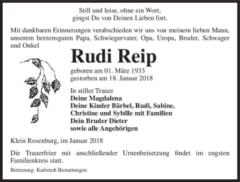 Traueranzeige von Rudi Reip  von Magdeburger Volksstimme
