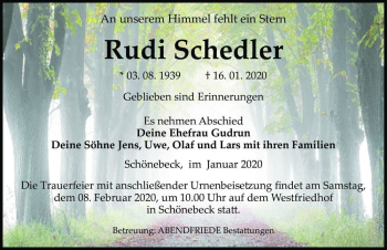 Traueranzeige von Rudi Schedler  von Magdeburger Volksstimme