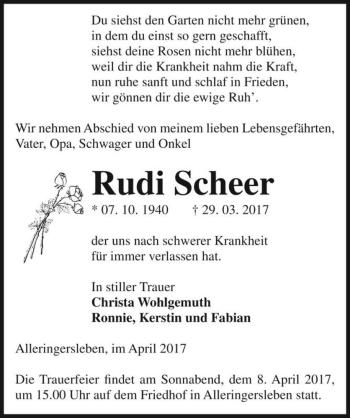 Traueranzeige von Rudi Scheer  von Magdeburger Volksstimme