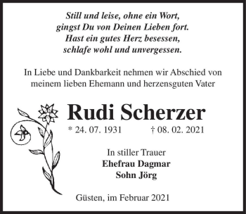 Traueranzeige von Rudi Scherzer  von Magdeburger Volksstimme